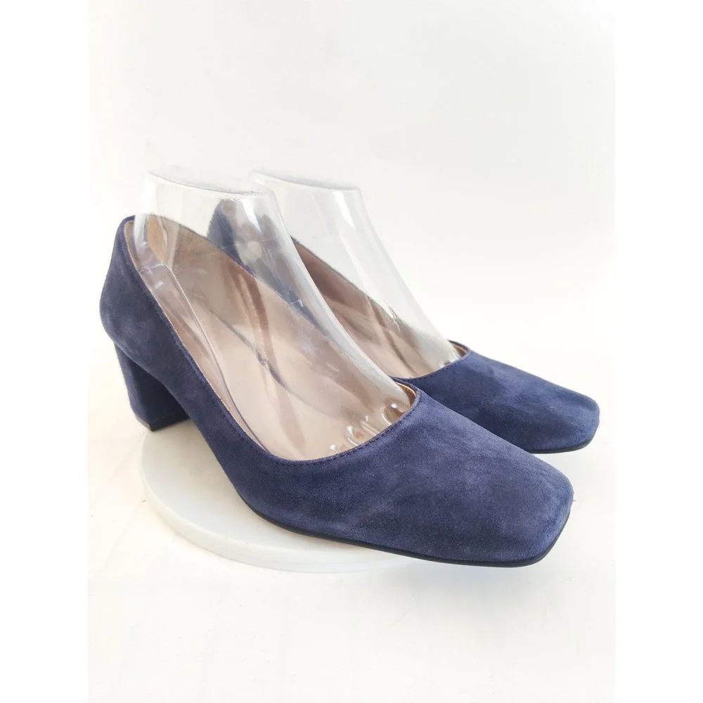 Naturalizer Pumps 8 Block Heel Navy Blue Suede Square Toe Comfort Office Shoes